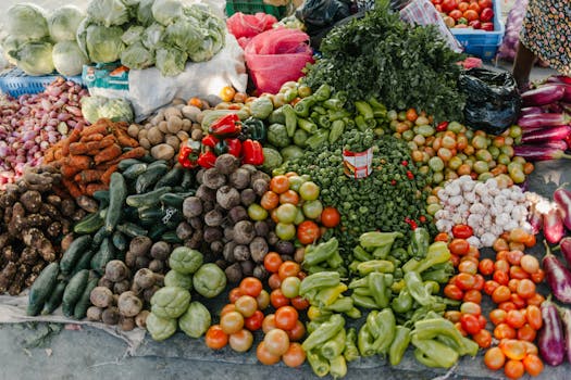 From above of various vegetables including pepper beets cabbage tomatoes greens potato zucchini and carrot at bazaar